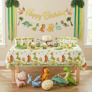 GeeParty ผ้าคลุมโต๊ะพลาสติกกันน้ำ 220 ซม. ลาย Dancing Dino ธีมไดโนเสาร์ ของตกแต่งวันเกิดเด็ก อุปกรณ์ปาร์ตี้วันเกิด