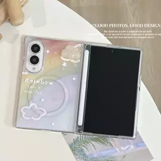 Aesthetic Dual Magnetic Rainbow Pattern 3D Cloud Case with Cloud Bracket for Samsung Galaxy Z Fold 8 Wide Z Fold 8 ฝาหลัง