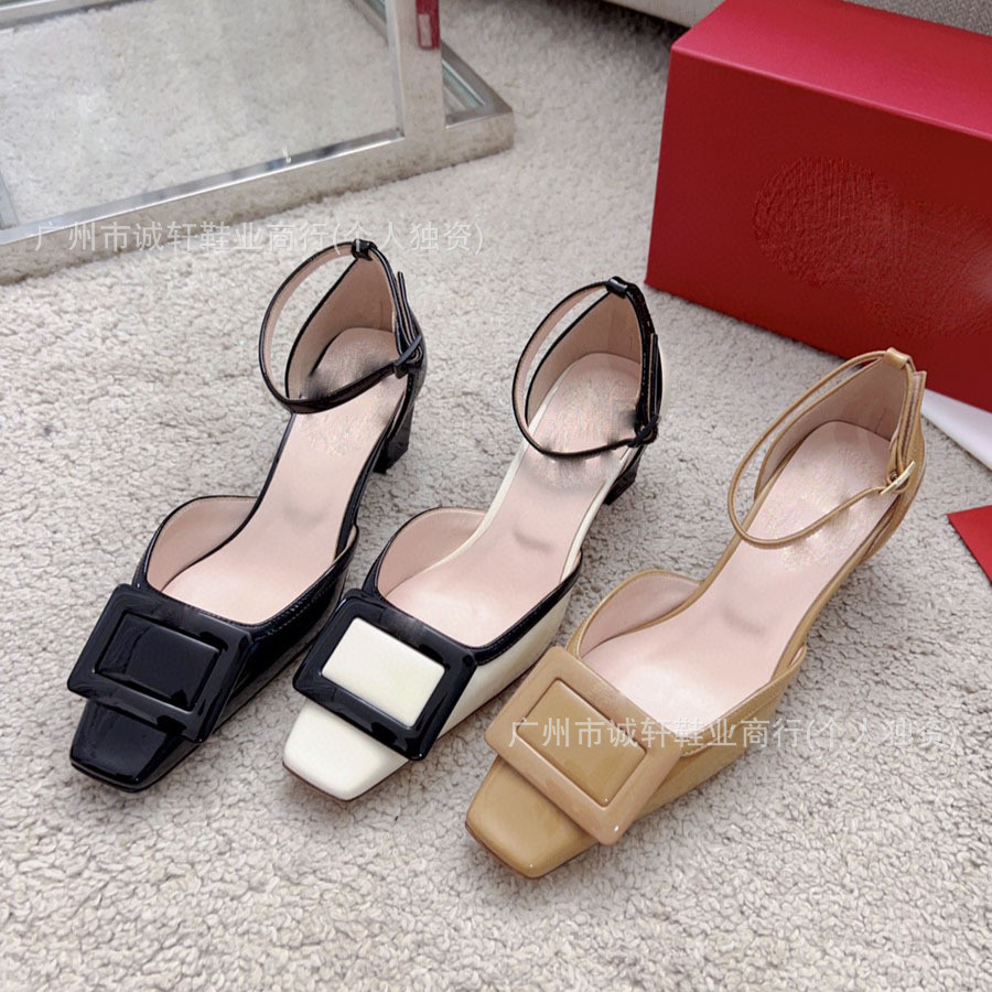 Roger Vivier Ladies Patent Leather Block Heel High Heel Sandals