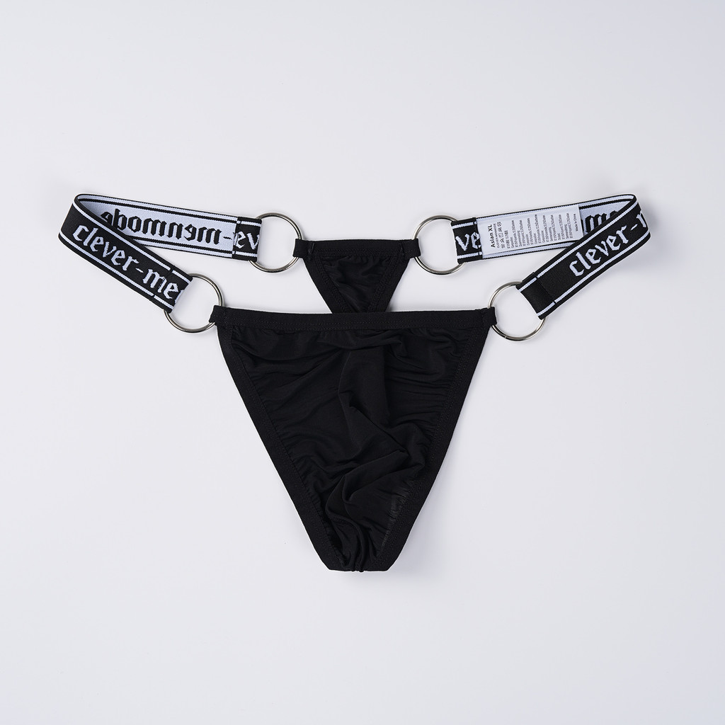 ผู้ชาย Low Rise Thong ชุดชั้นใน CLEVER-MENMODE ผ้าไหมน้ําแข็ง U กระเป๋านูน 4 แหวนโลหะตัวอักษรเข็มขัดเซ็กซี่กางเกง