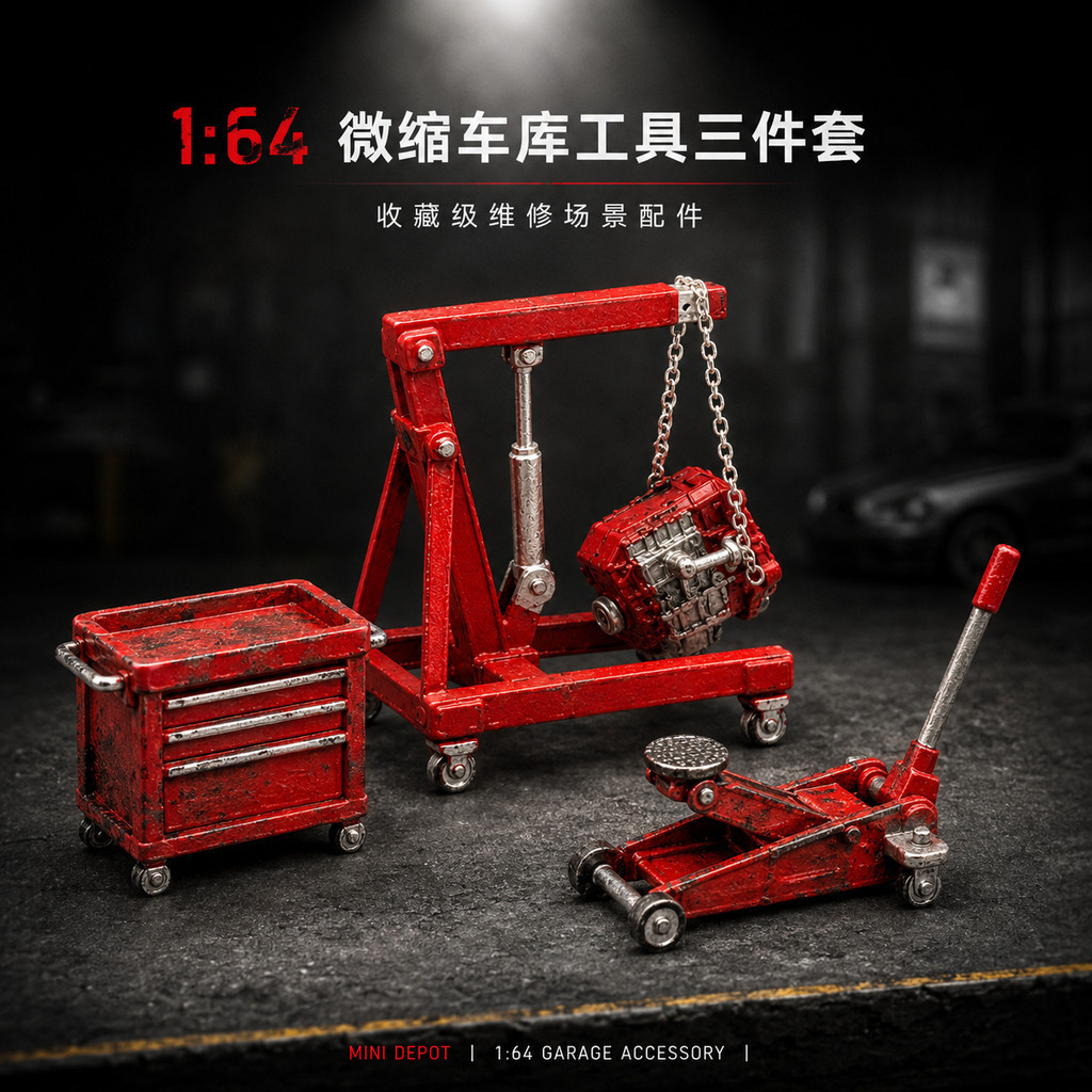 1:64 Red Engine Puller Crane พร้อม Engine Block Garage Diorama อุปกรณ์เสริมสําหรับ Diecast รุ่น Car Repair Workshop ฉาก