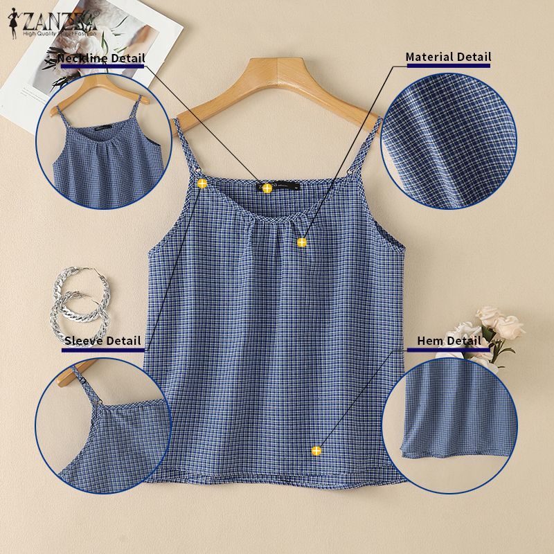 ZANZEA ผู้หญิงฤดูร้อนเกาหลี Retro V คอลายสก๊อตแขนกุด Holiday Beach Casual Camisole & Tube — صورة 7