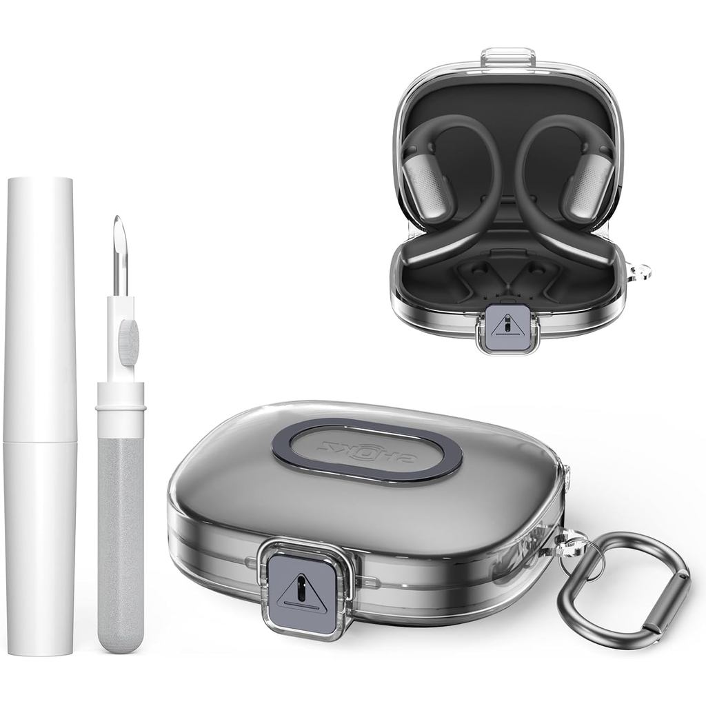 [Secure Lock] สําหรับ Shokz OpenFit Pro Case Cover พร้อมคาราบิเนอร์, กันกระแทกป้องกัน TPU ใสป้องกันรอยขีดข่วนสําหรับ Shokz OpenFit Pro ชาร์จกรณีพร้อมชุดทําความสะอาด (ใส)