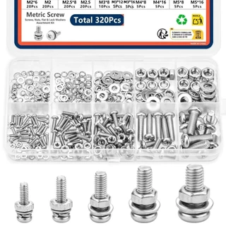 320PCS น๊อตสกรู 304 น๊อตสแตนเลส สกรูสแตนเลส สกรูขนาดเล็ก M2-M5 ชุดน็อตและแหวนรอง หัวกระทะข้ามเกลียวเต็ม