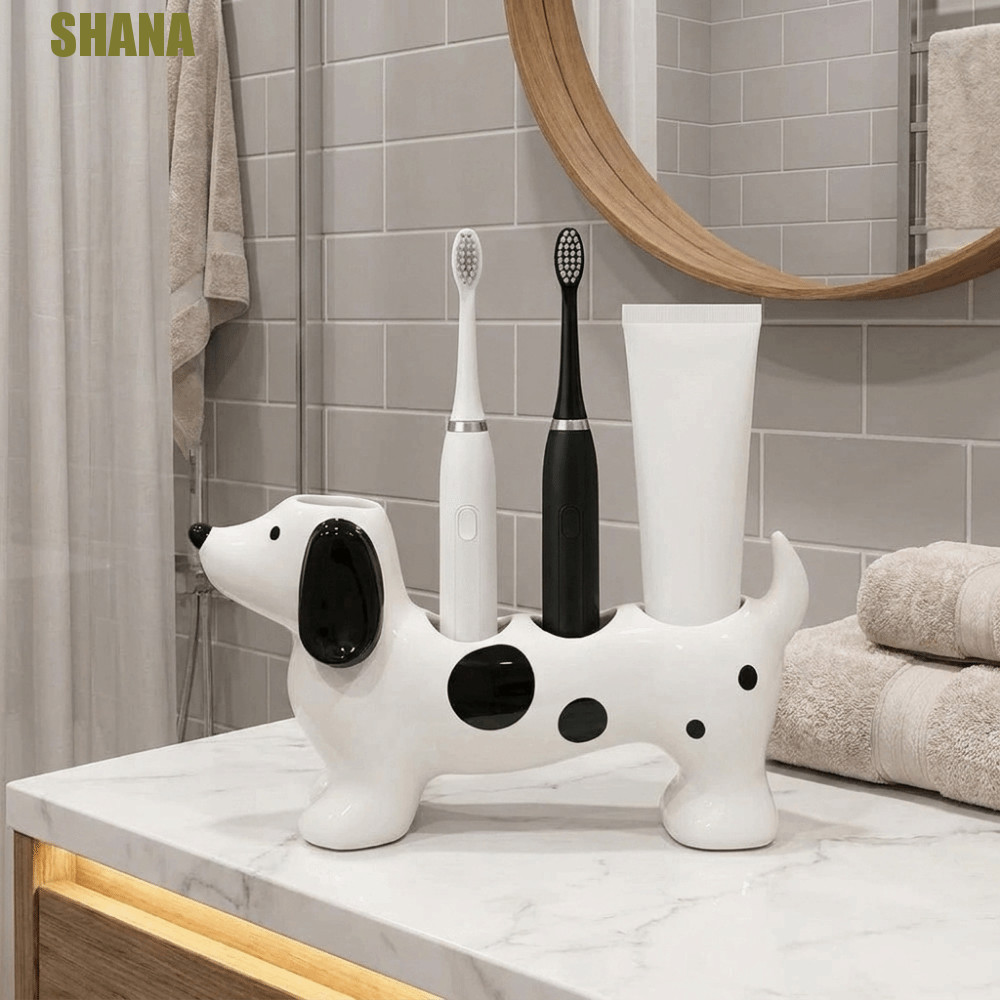 SHANA Dachshund ที่วางแปรงสีฟัน, ที่วางแปรงสีฟันรูปสุนัขน่ารักเซรามิก, ตกแต่งสร้างสรรค์ 4 ช่องประหยัดพื้นที่ขาตั้งแปรงสีฟันไฟฟ้าคู่