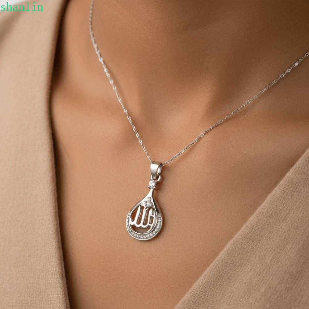 SHANLIN Allah จี้สร้อยคอ, จี้ทรงหยดน้ําคริสตัลสร้อยคออิสลาม, แฟชั่น Faith สัญลักษณ์รอบจี้ Quran สร้อ