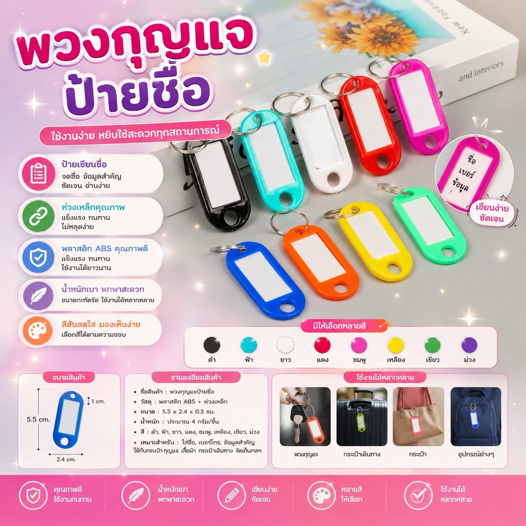 Gtrmallshop(4666) พวงกุญแจป้ายชื่อ​ พลาสติกกันน้ำ เขียนชื่อได้ พลาสติกดี