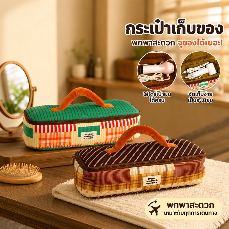กระเป๋าเก็บไดร์เป่าผม กระเป๋าใส่เครื่องหนีบผม กันน้ำ ความจุใหญ่ ลายทาง ลายจุด พกพา เดินทาง แขวนผนัง ทนทาน
