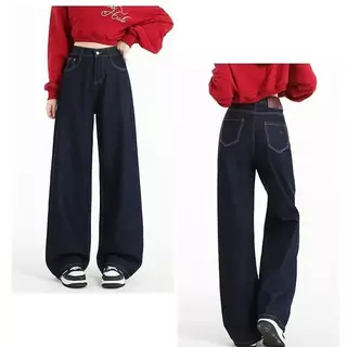 DK JEANS กางเกงยีนส์ ขากว้าง สีน้ำเงินเข้ม สไตล์อเมริกันสำหรับผู้หญิง รุ่นใหม่ เอวสูง ทรงหลวม สบายๆ ป้ายน้ำตาลสุดเก๋