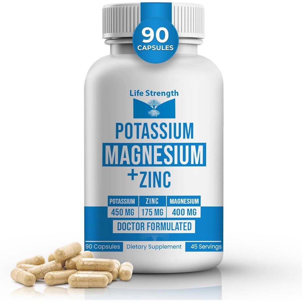 Life Strength, Potassium Supplement w/Zinc 1025mg – 90 Capsules – Potassium Zinc for Leg Cramps, Mus