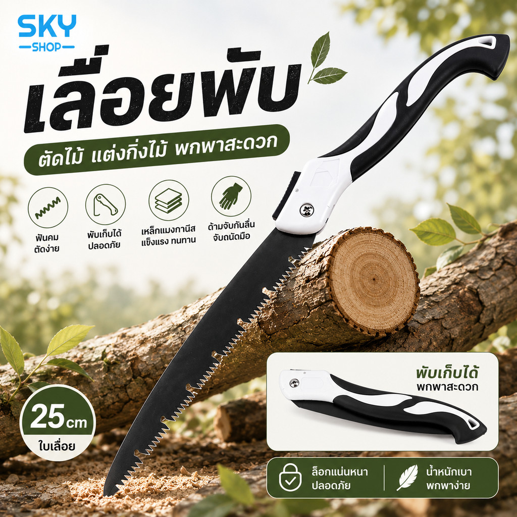 SKY เลื่อยพับ 25cm เลื่อยตัดกิ่งไม้ เลื่อยตัดไม้ แบบพกพา เหล็กแมงกานีส ฟันคม พับได้ สำหรับสวน Portable Folding Saw