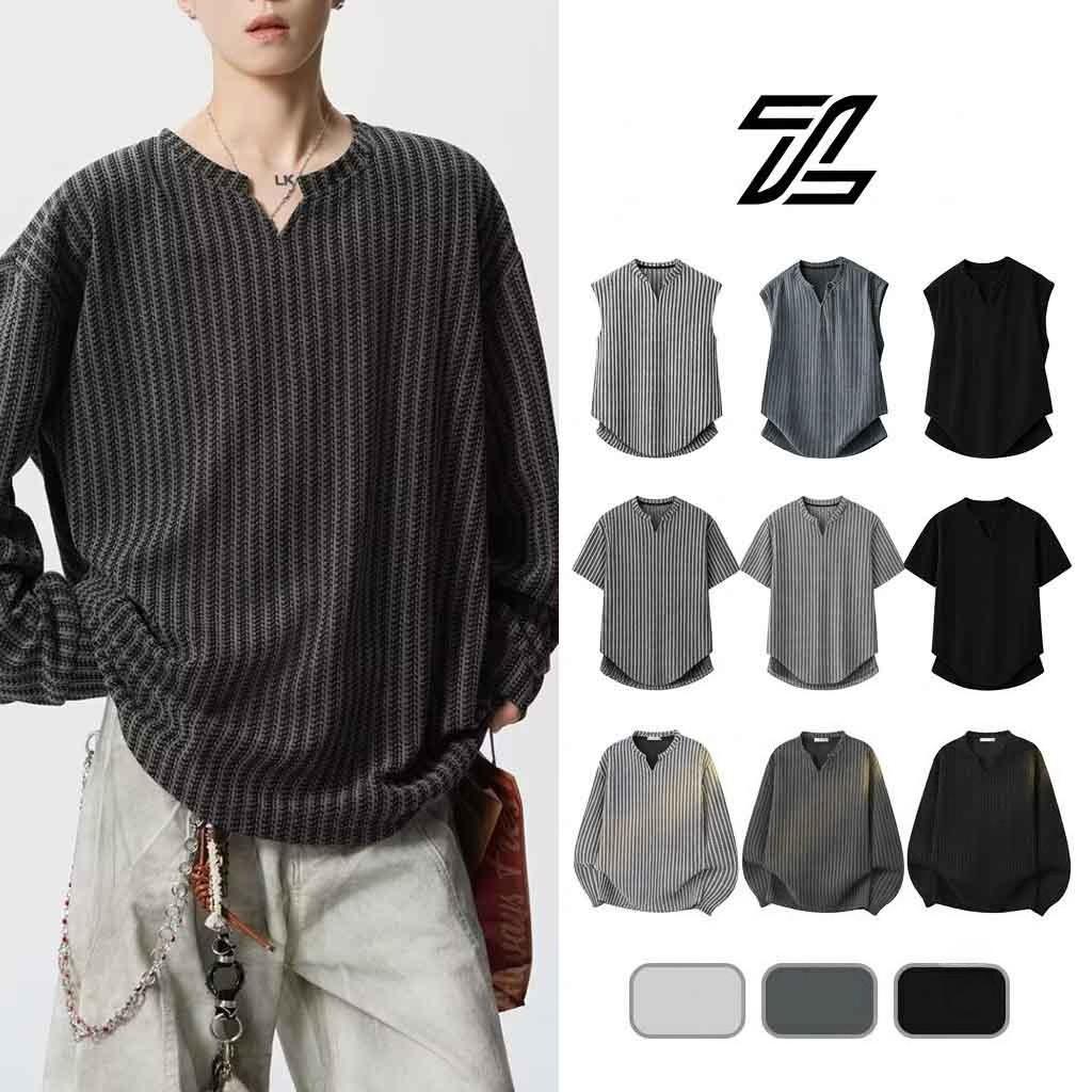 ZENOX ผู้ชายเกาหลีคอวีแขนยาว Herringbone ถัก Heavyweight ขนาดใหญ่ Casual Streetwear Top