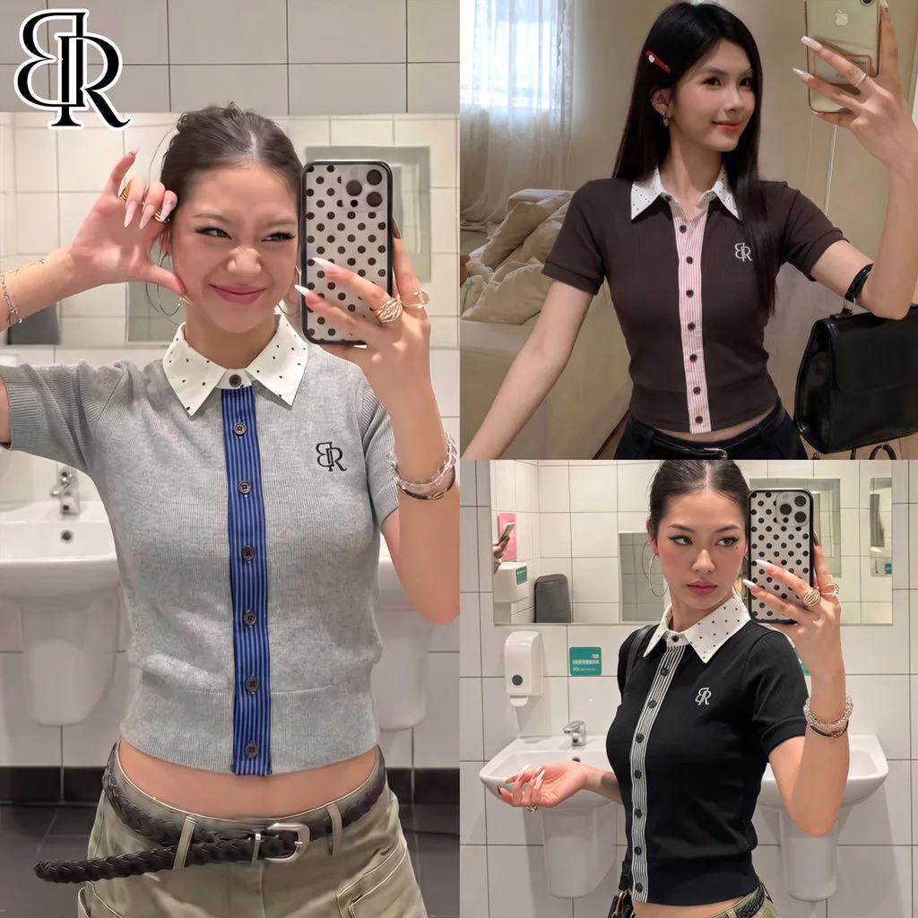 B&R พร้อมส่ง เสื้อยืดแขนสั้นถัก เสื้อปลอมสองชั้น ผู้หญิง งานปัก สั้นกระชับเอว ปกเสื้อลายจุด การบล็อกสีลายทาง