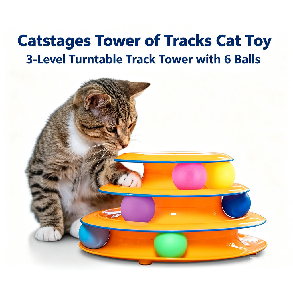 Catstages Tower of Tracks ของเล่นแมว – ทาวเวอร์ Turntable 3 ระดับพร้อมลูกบอล 6 ลูก