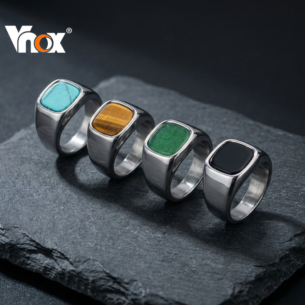 Vnox แหวนหินธรรมชาติทรงสี่เหลี่ยมเรขาคณิตมีสไตล์ – สายป้ายสแตนเลสกันน้ําสําหรับผู้ชายของขวัญ
