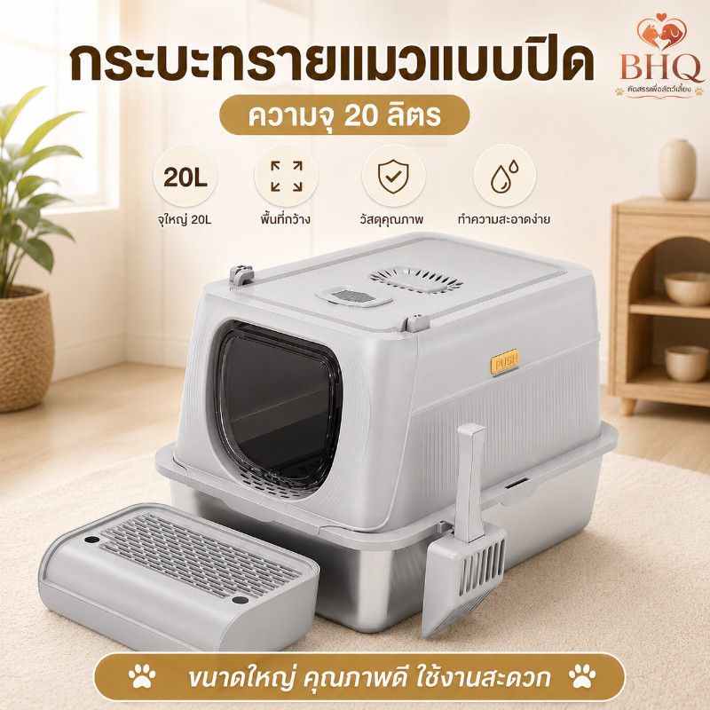 BHQ Selected ใหญ่กระบะทรายแมว ห้องน้ำแมว กระบะทรายแมวสแตนเลส ทําความสะอาดง่าย กันกระเด็น สําหรับอึแมว แบบปิด 20 ลิตร