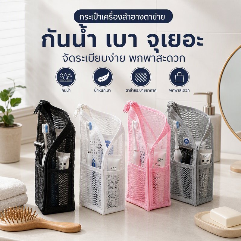 กระเป๋าเครื่องสำอาง ตาข่าย กันน้ำ น้ำหนักเบา Lightweight Waterproof Mesh Toiletry Organizer Bag