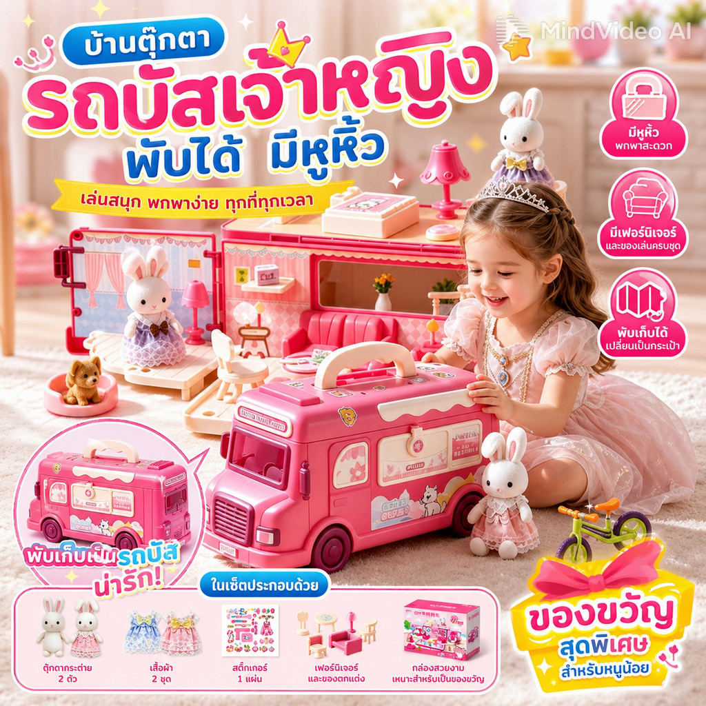 COD บ้านตุ๊กตารถบัสเจ้าหญิงสีชมพู พับได้มีหูหิ้ว ของเล่นเล่นบทบาท มีเฟอร์นิเจอร์ ของขวัญเด็กผู้หญิง พกพาง่าย