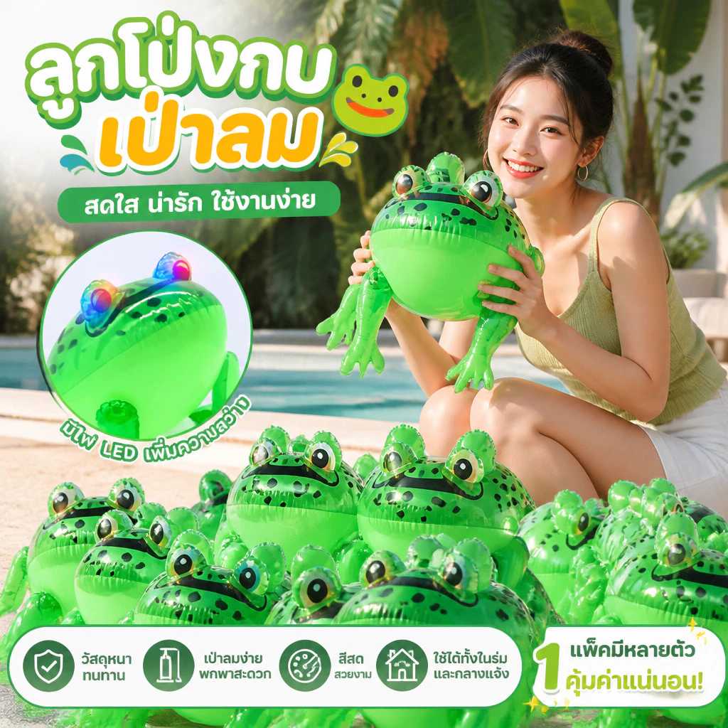 ของเล่นกบ ของเล่นกบเป่าลม LED กระพริบ สีสันสวยงาม ขนาด S/L/2XL มีสายเชือก แฟชั่น เล่นน้ำในสระว่ายน้ำ