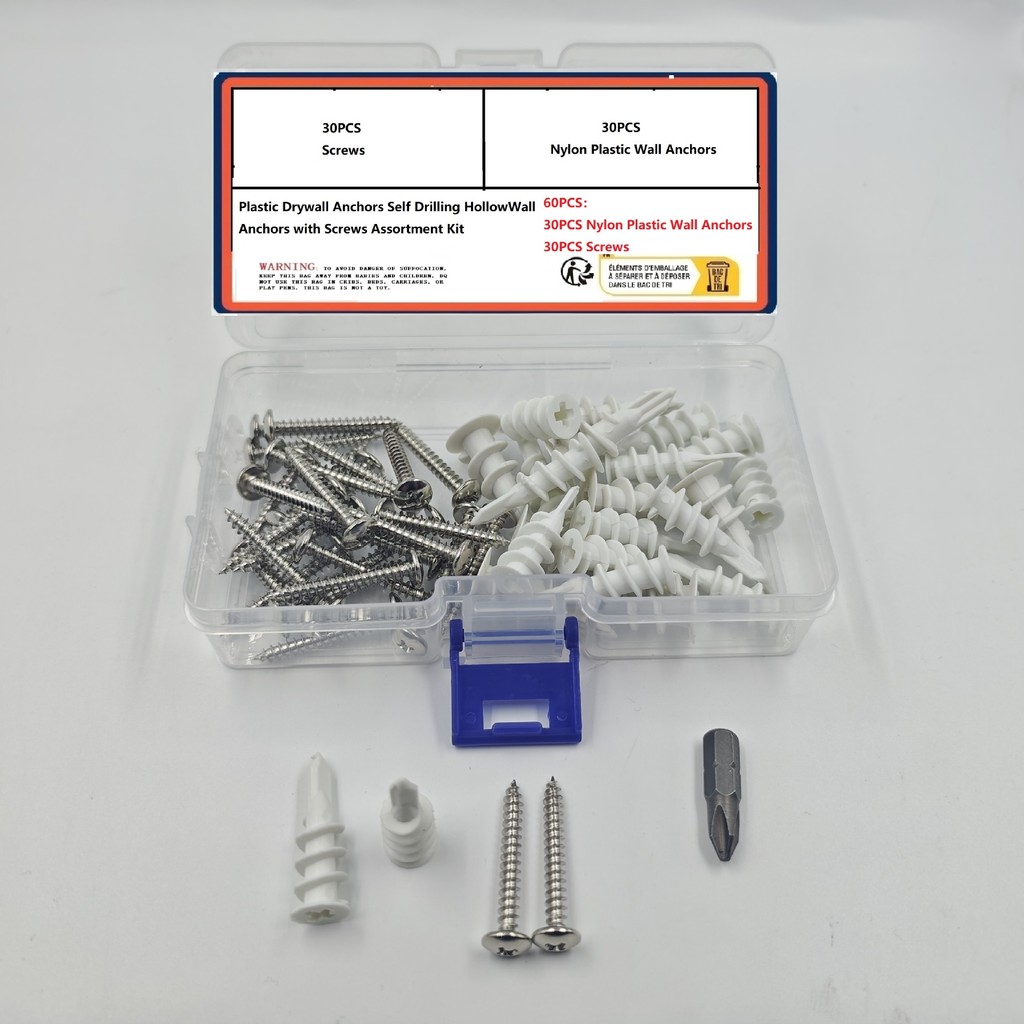 60PCS ไนลอน Dry Wall Anchor Bolts บรรจุ 30 พลาสติก Dry Wall Expansion Anchor Bolts และ 30 สกรู XI62