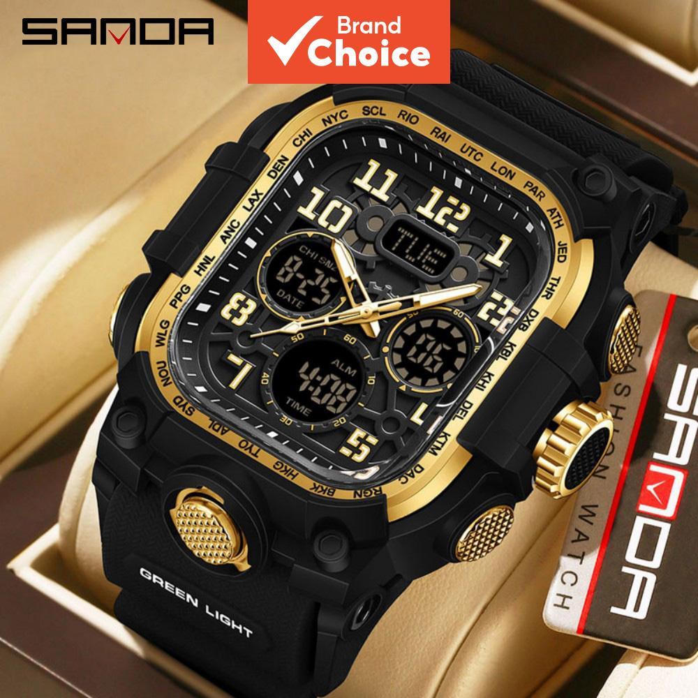 Sanda 6357 Mens Dual Display Watch กันน้ํา Multi-function 3 Time Zones Snooze Alarm (พร้อมกล่องไม่มี