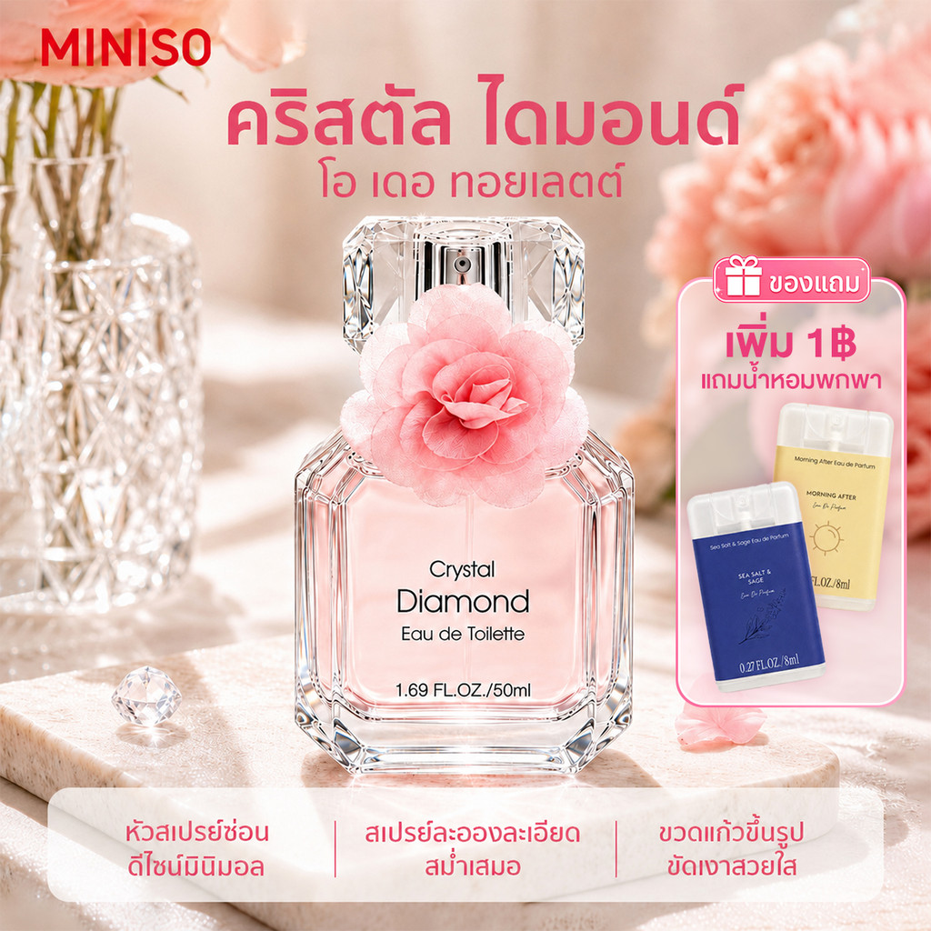 MINISO Crystal Diamond Perfume 50ml น้ำหอมผู้หญิง กลิ่นดอกไม้ผลไม้ หอมหวานละมุน ขวดเพชร 3D