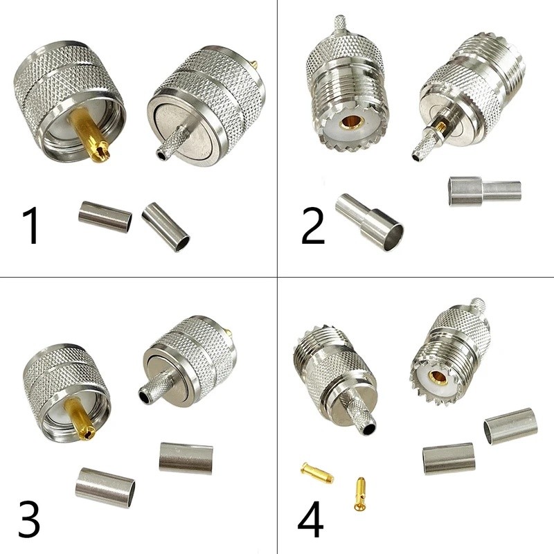 1-4PC UHF ชายหญิงปลั๊กแจ็ค PL259 SO239 RF Coax Connector Crimp RG316 RG174 RG58 RG142 ทองแดง Nickelp