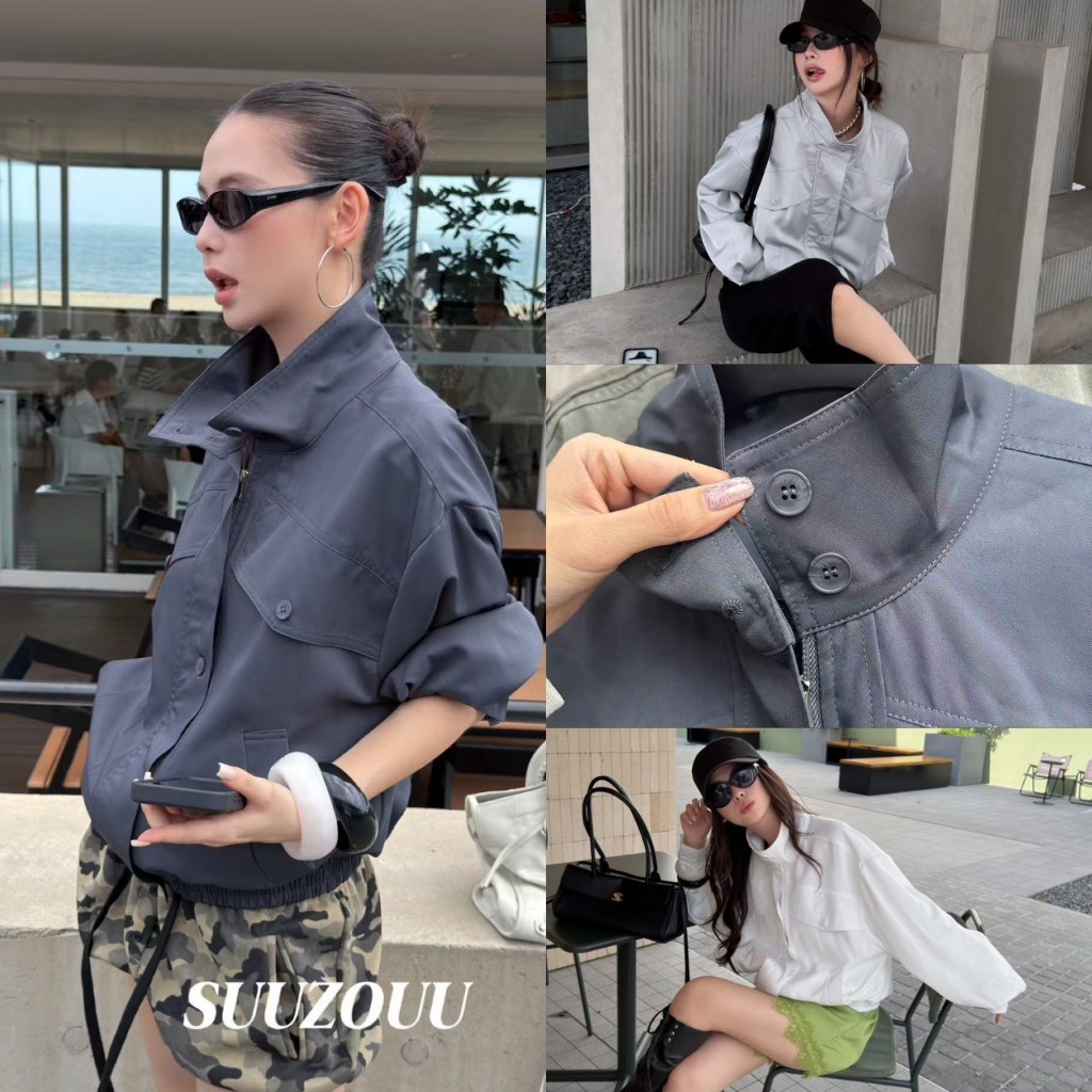 SU516 Bomber Jacket เสื้อแจ็กเก็ตคอตั้งทรงสวย ตัดเย็บเป๊ะด้วยดีเทลกระเป๋าคู่หน้า แฟชั่นเกาหลี TAG MM Fish