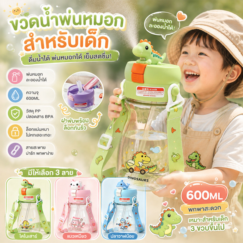 ขวดน้ำเด็ก 600ML พกพาสะดวก  พร้อมสเปรย์ละอองน้ำ BPA Free ปลอดภัย ใช้งานทุกวัน