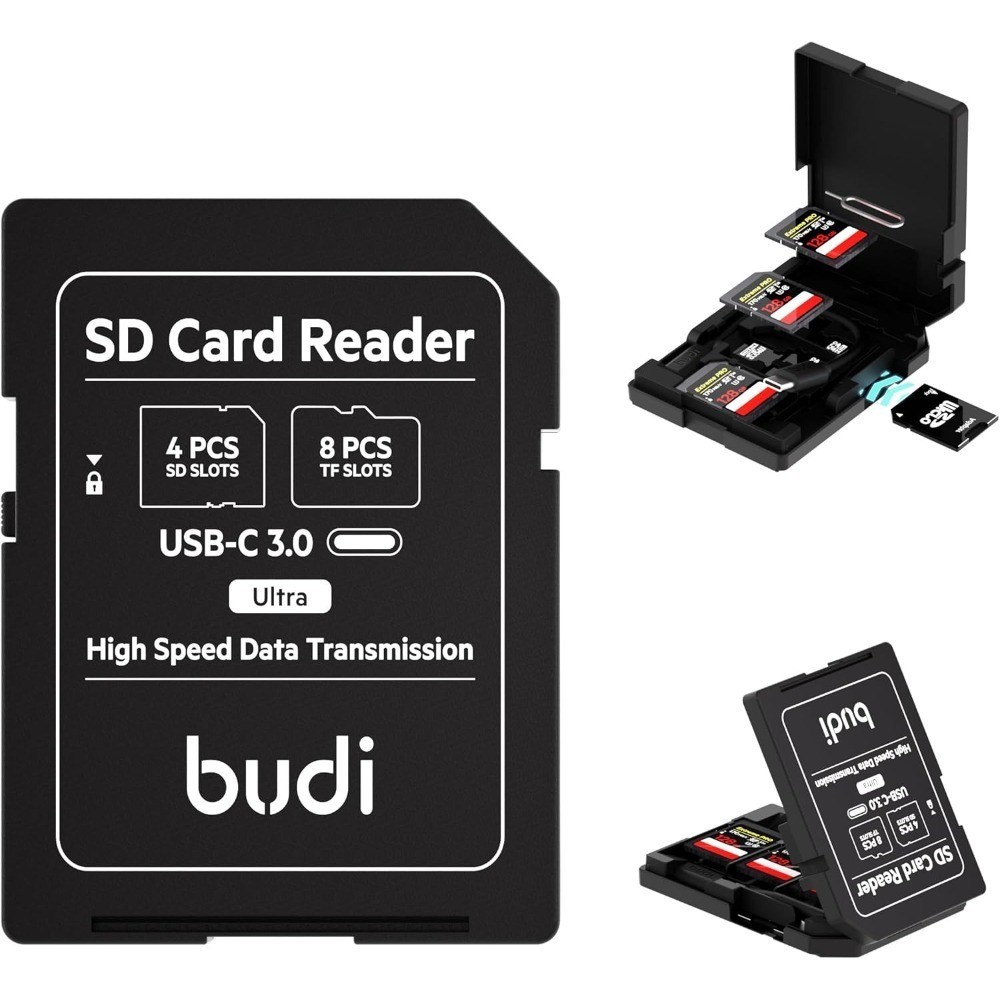 BUDI SD เครื่องอ่านการ์ดหน่วยความจําพร้อม 12 ช่อง SD-Styled กล่องเก็บการ์ดหน่วยความจํารองรับ USB Type-C และ USB รองรับ
