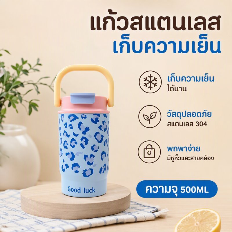 แก้วเก็บอุณหภูมิ สแตนเลส 316 ถ้วยความร้อนสแตนเลส สูญญากาศสองชั้น มีหลอด หูหิ้ว กันรั่ว 500