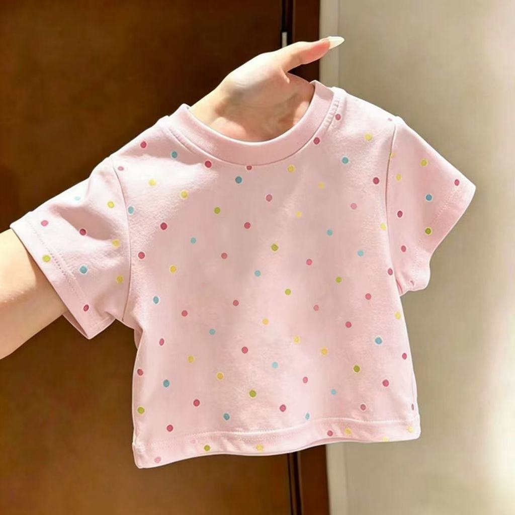 COD(24hD) เสื้อยืดเด็กผู้หญิงเสื้อเด็ก Size90-150 ธรรมดายืดอเนกประสงค์ผ้าไหมนมฤดูร้อน Ins เด็กน้อยผ้าฝ้ายลําลอง