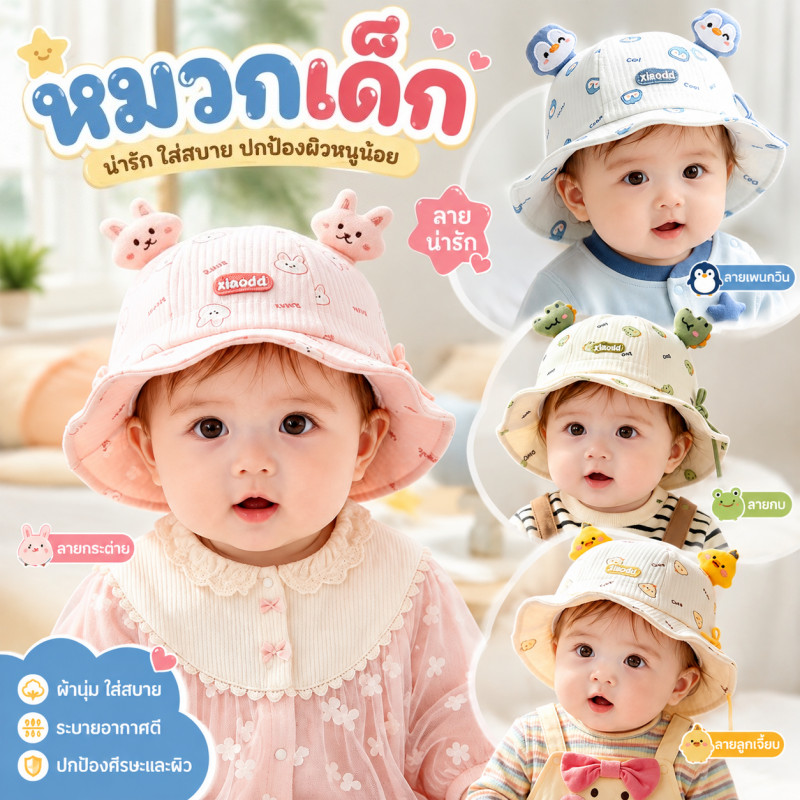 หมวกเด็ก หมวกชาวประมงเด็ก ลายการ์ตูนน่ารัก กันลม กันแดด ระบายอากาศ เหมาะสำหรับเด็กอายุ 6-12 เดือน