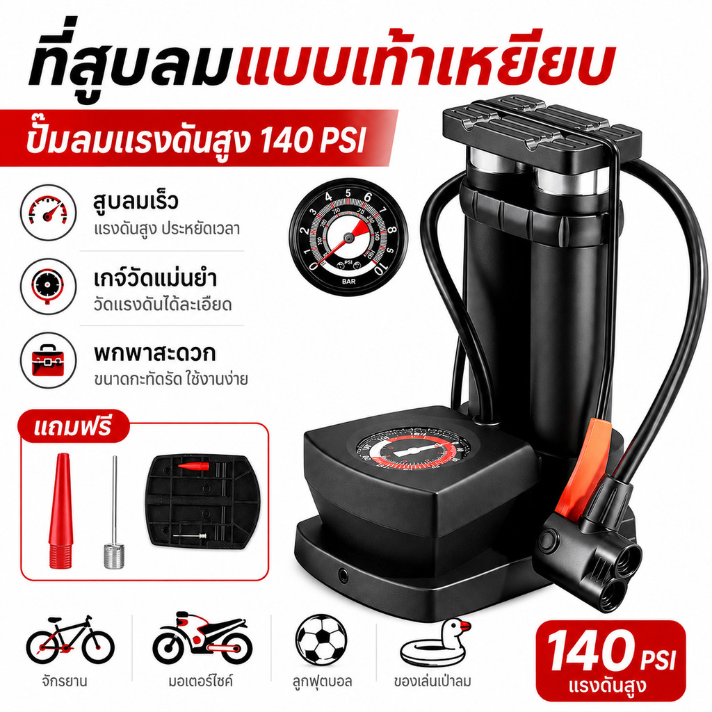 ที่สูบลมแบบเท้าเหยียบ 140 PSI ปั๊มลมแรงดันสูง 2 กระบอก พร้อมเกจ์วัด สำหรับจักรยาน มอเตอร์ไซค์ ลูกบอล