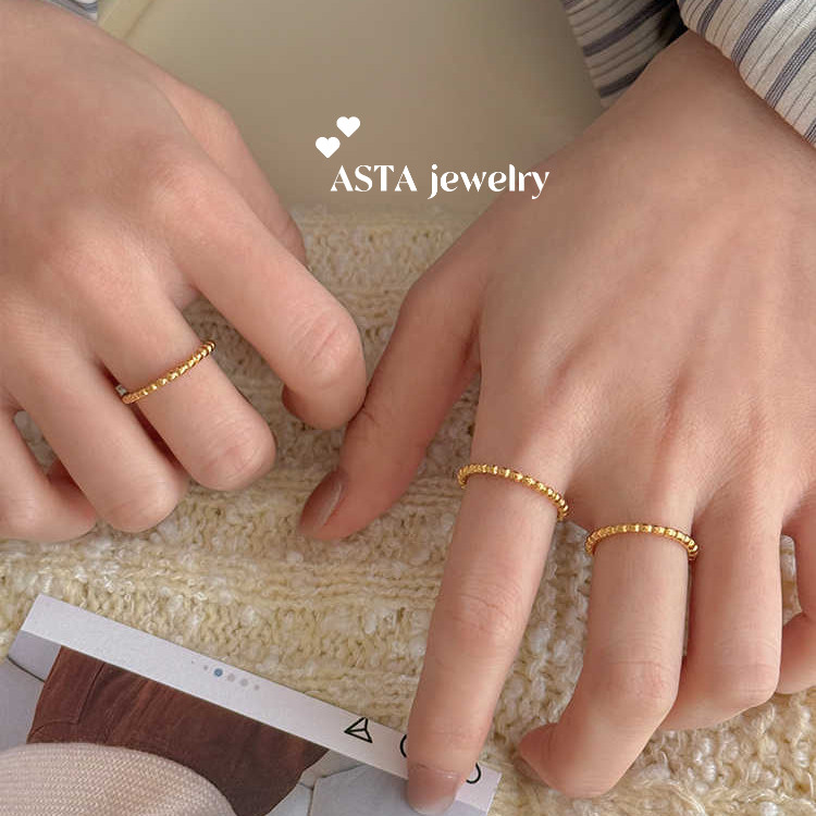 【ASTA】1มม.MinimalistลูกปัดStackableแหวนผู้หญิงกันน้ําNon Tarnishเครื่องประดับ18K Gold Platedไทเทเนียมเหล็กบางBallแหวนนิ้วR48