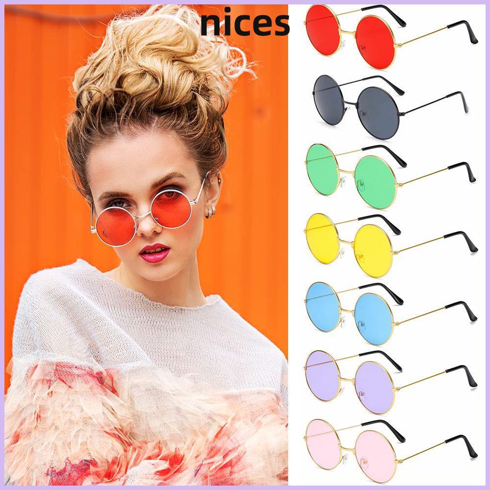 NICES แว่นกันแดดโลหะ Retro Hippie Party Circle Glasses