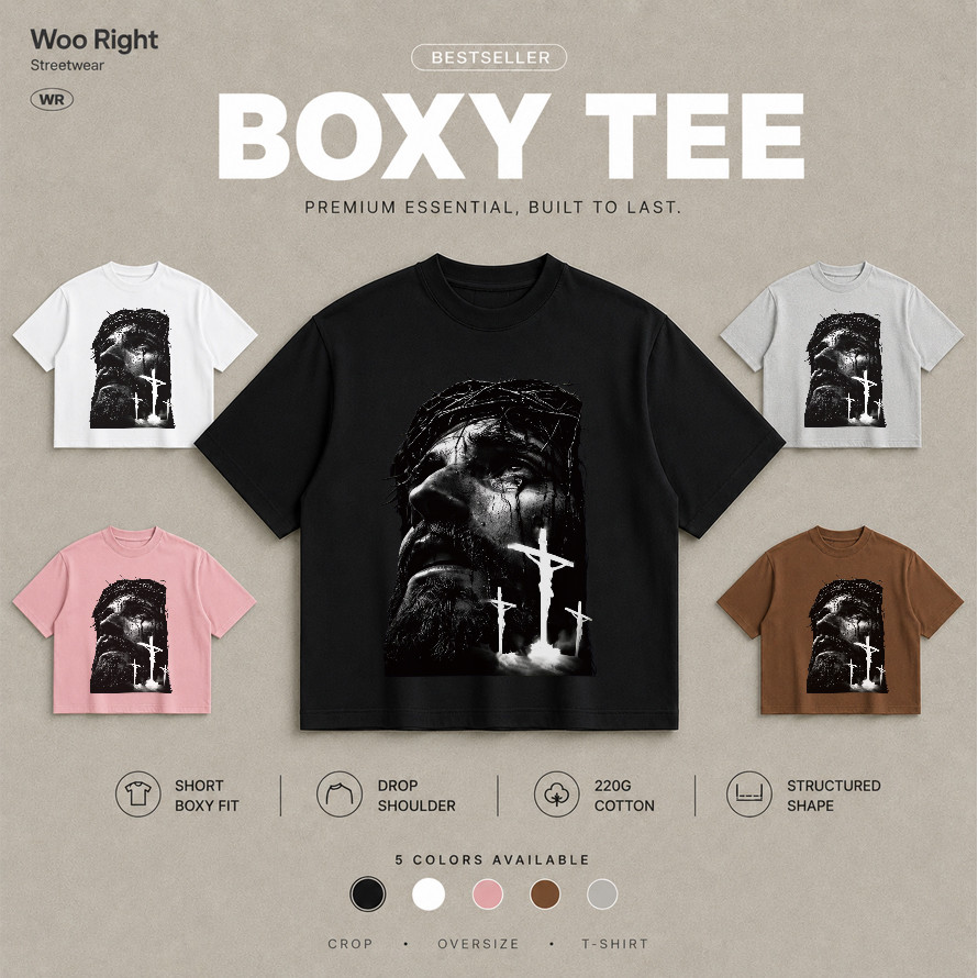 COD Woo Right Boxy Cropped T เสื้อยืดแขนสั้นบ็อกซ์ สีขาวดำเทาชมพูน้ำตาล ลายหน้าและกางเขน สตรีท
