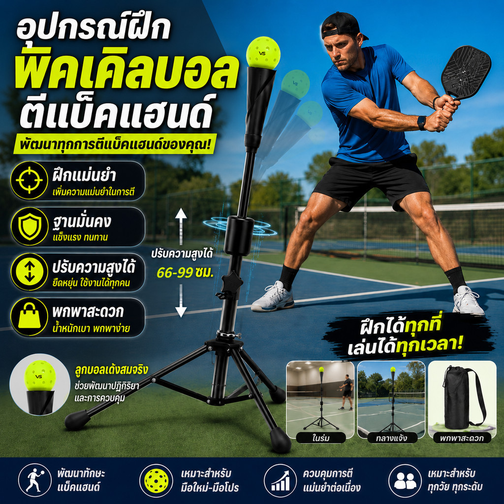 อุปกรณ์ฝึก Backhand Pickleball Flick ปรับความสูงได้ พกพาง่าย ฐานมั่นคง เครื่องฝึกทักษะระดับโปร ใช้ได้ในร่มและกลางแจ้ง