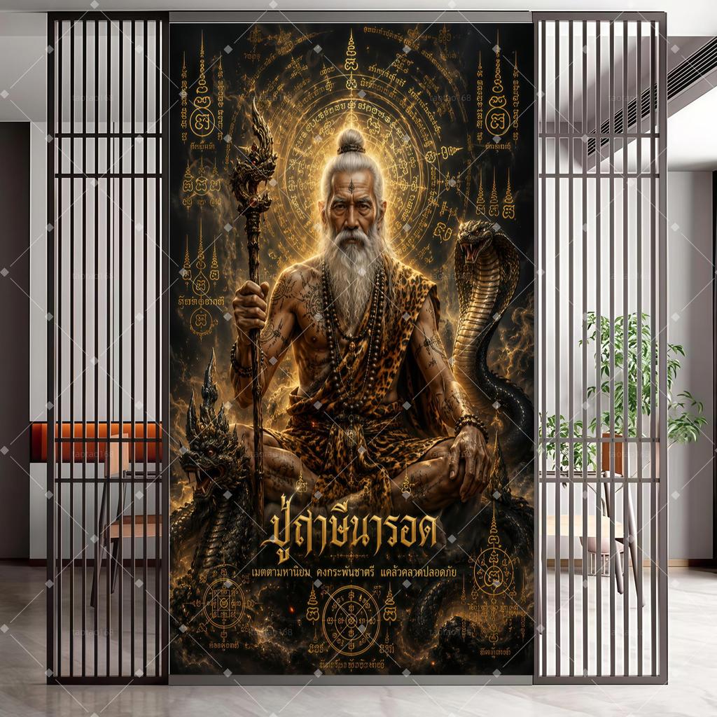 ภาพพ่อปู่ฤาษี แนวตั้ง สกรีนสวยคมชัด เนื้อผ้าโพลีเอสเตอร์ผ้าหนาทนทาน