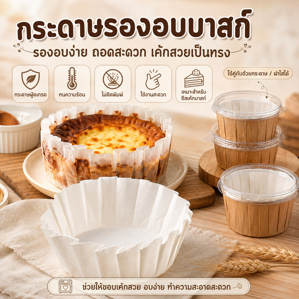 กระดาษไขจีบสำเร็จ สำหรับอบชีสเค้กหน้าไหม้ แพคละ 50ชิ้น มี 3ขนาด 4นิ้ว 6นิ้ว 8นิ้ว กระดาษรองอบขนม