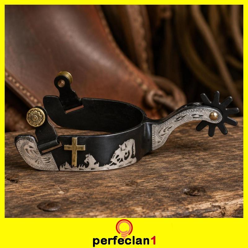 [Perfeclan1] Black Iron Spurs แผ่นเงินเยอรมัน Western Cowboy Spurs Equen Gear Mens Design Horse Tack