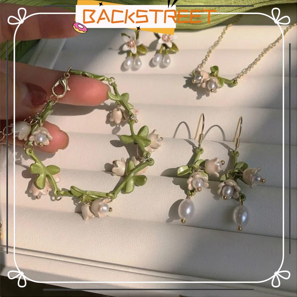 BACKSTAGERET Lily of The Valley Jewelry Set, สร้อยข้อมือกล้วยไม้สีขาวมุก, สร้อยคอดอกไม้พู่สีเขียวหวา