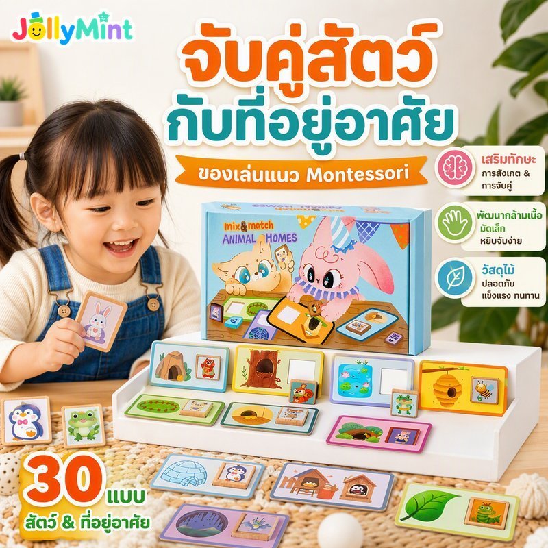 Montessori ไม้จับคู่ของเล่น Mix Match สัตว์บ้านการ์ด 30 คู่ Fine Motor Focus