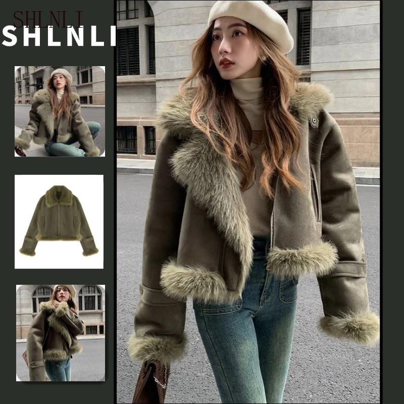 ฤดูใบไม้ร่วงฤดูหนาวLapel Plush Spliced Cropped Jacket Zip Up Biker WarmหนาRetro Coat