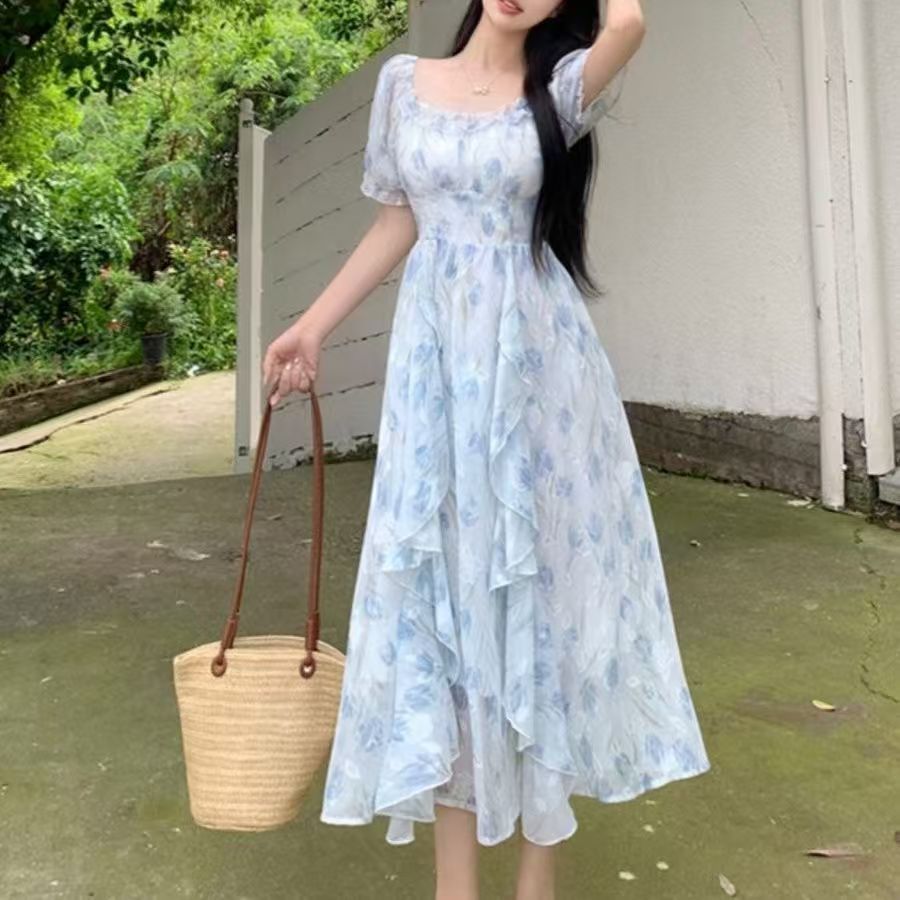 ขนาดใหญ่ขนาดฝรั่งเศสอ่อนโยนนางฟ้าดอกไม้สแควร์คอชุดหญิงไขมันมมเอวแคบ ผอมลง ดูอารมณ์สง่างามชุดยาว 8.24