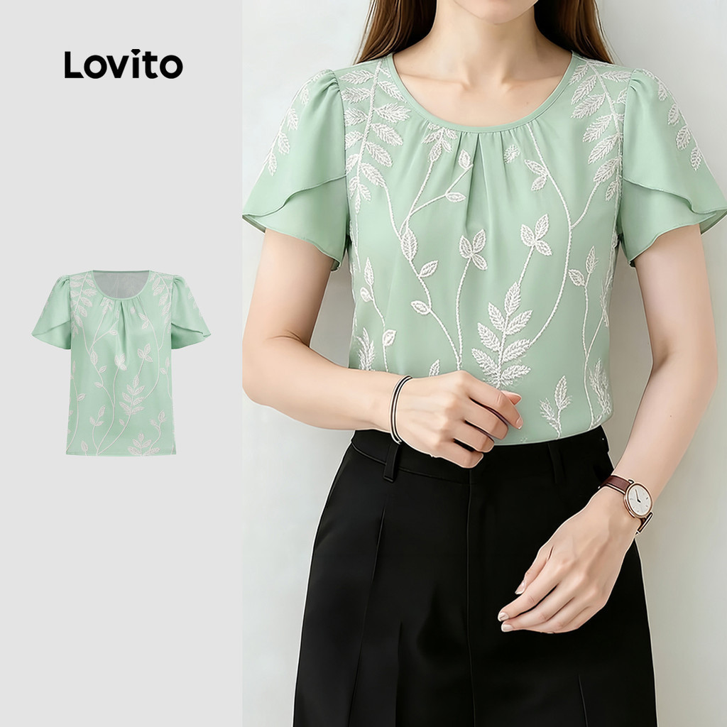 Lovito เสื้อเบลาส์ลําลองสําหรับฤดูร้อนฤดูใบไม้ผลิของผู้หญิง LK6ED008