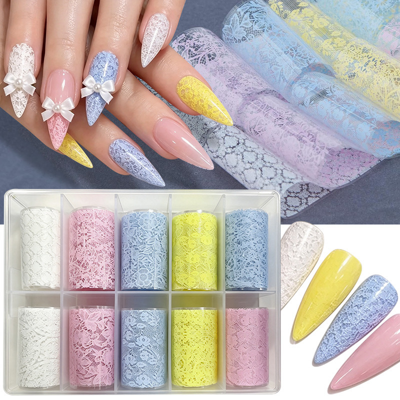 【Local】BORN PRETTY 10 ม้วนสีสันลูกไม้เล็บฟอยล์สีดําสีขาว Tulip รูปแบบ Hollow ลูกไม้เล็บ Decals สติกเกอร์เลื่อมตกแต่งเล็บเล็บ