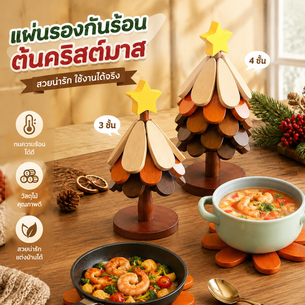 แผ่นรองกันความร้อนไม้ไผ่ลายต้นคริสต์มาส ที่รองหม้อ ที่รองแก้ว กันน้ำทนทาน ตกแต่งโต๊ะอาหาร เหมาะเป็นของขวัญ
