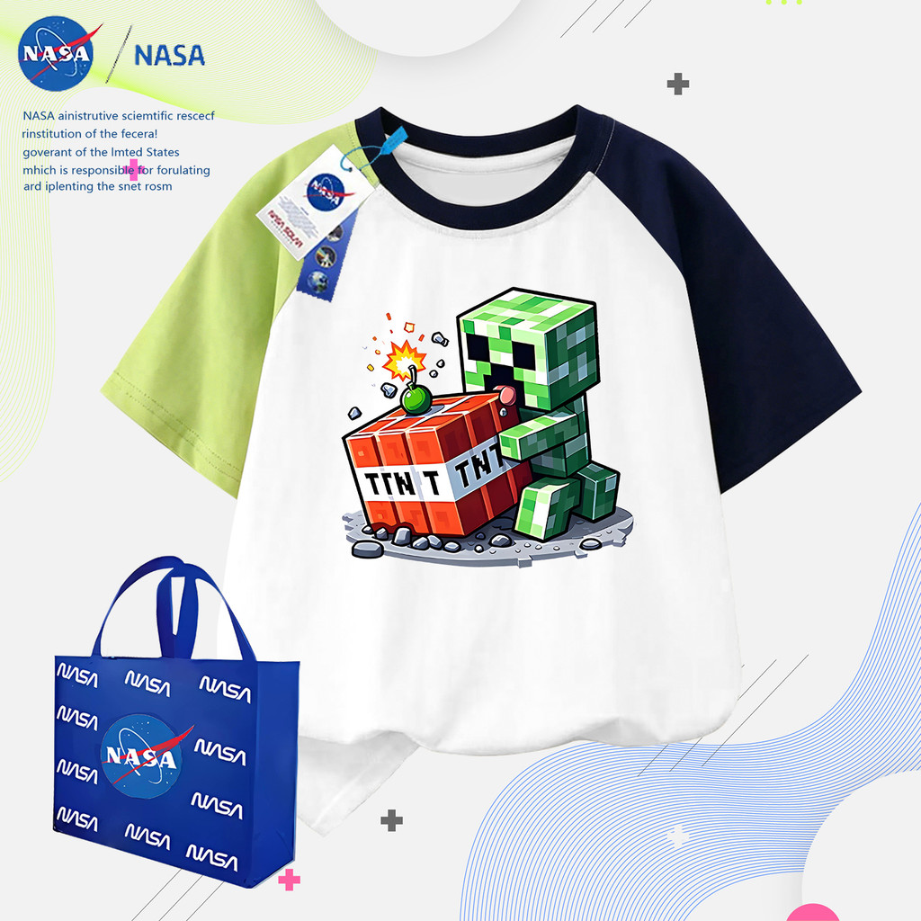 NASA ฤดูร้อนการ์ตูน TMT Creepy แฟชั่นขายร้อน All-Match เด็กอินเทรนด์รอบคอเย็บแขนสั้นผ้าฝ้าย T @-