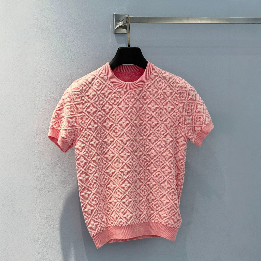 UEJG Lsv * ฤดูร้อนสไตล์ใหม่หรูหราเพชรนูน Retro Old Flower รอบคอแขนสั้นเสื้อกันหนาว